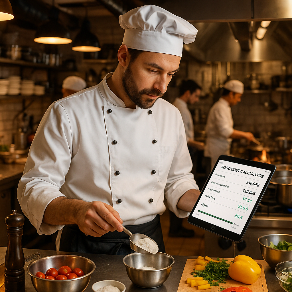Chef managing food cost percentage using tablet in restaurant kitchen